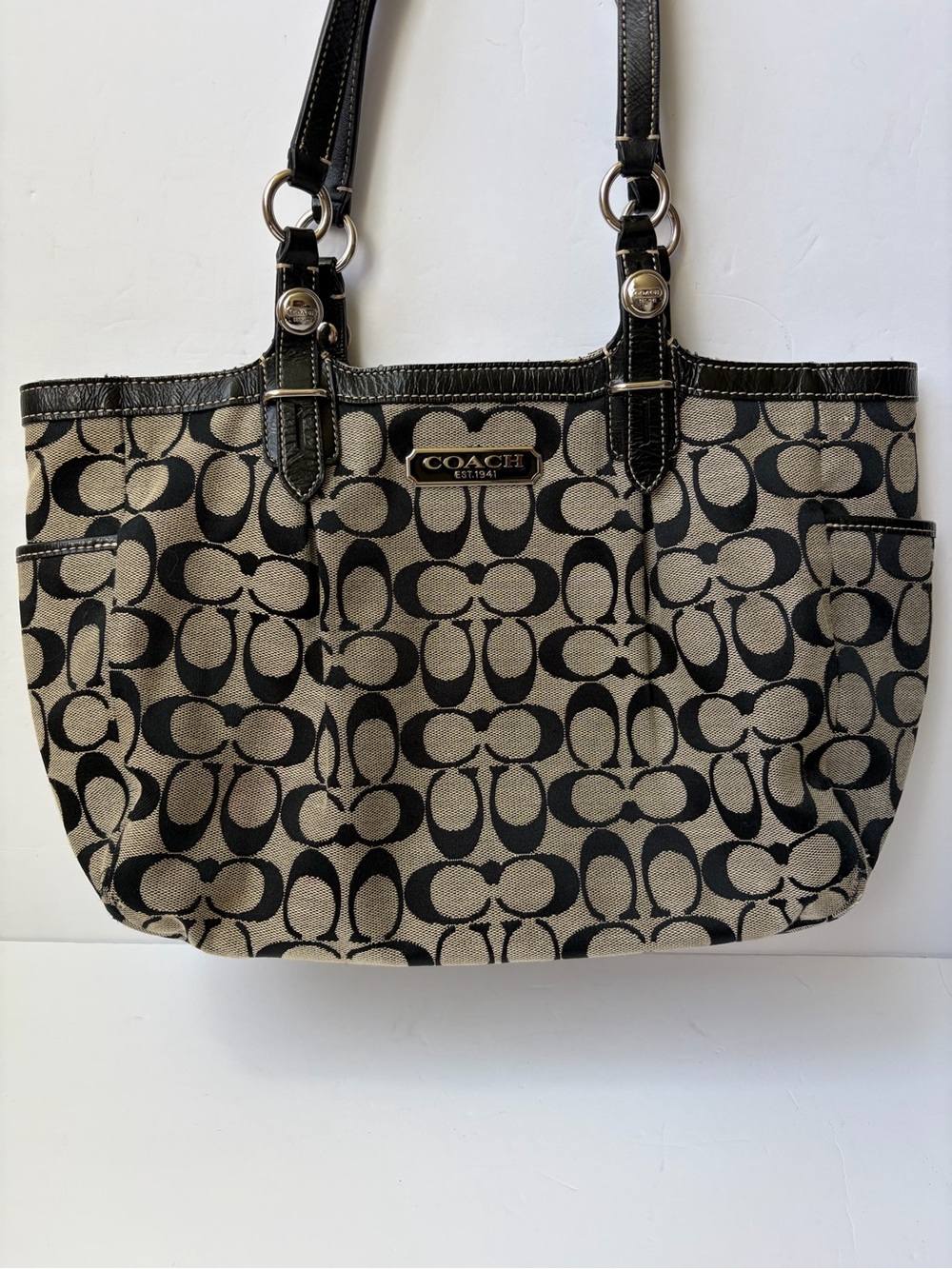 Vintage Coach Gallery East West Pleated Signature Tote/Shoulder Bag- Black/Gray
